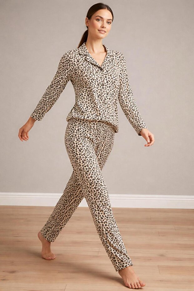 طقم بيجامة بطبعة الفهد مع 5 أزرار - 5