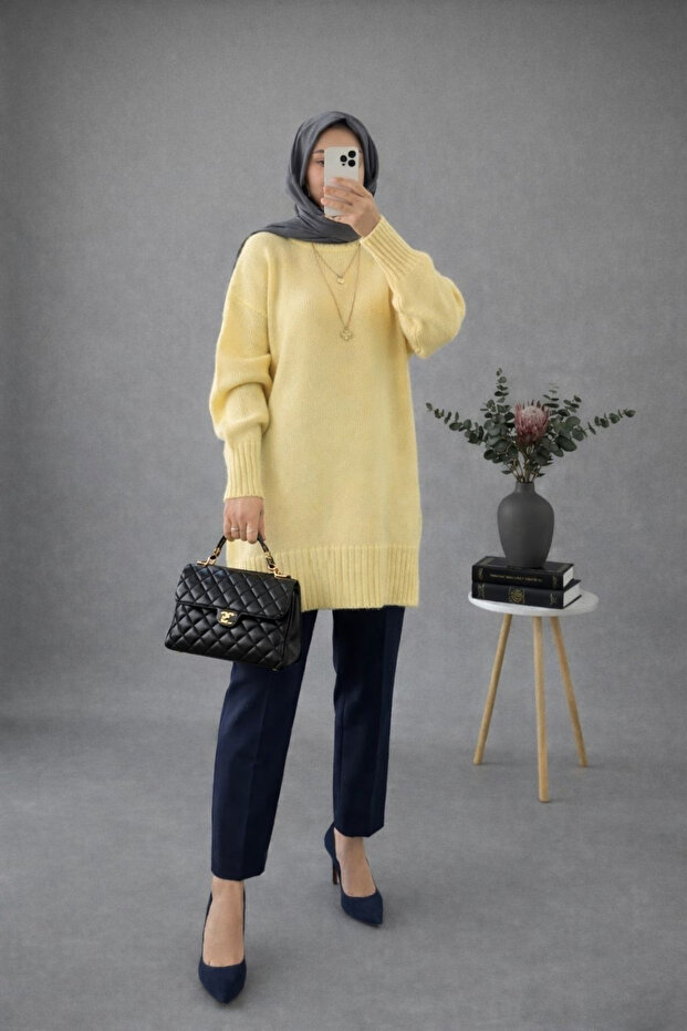 Sarı Bisiklet Yaka Oversize Triko Tunik - 5