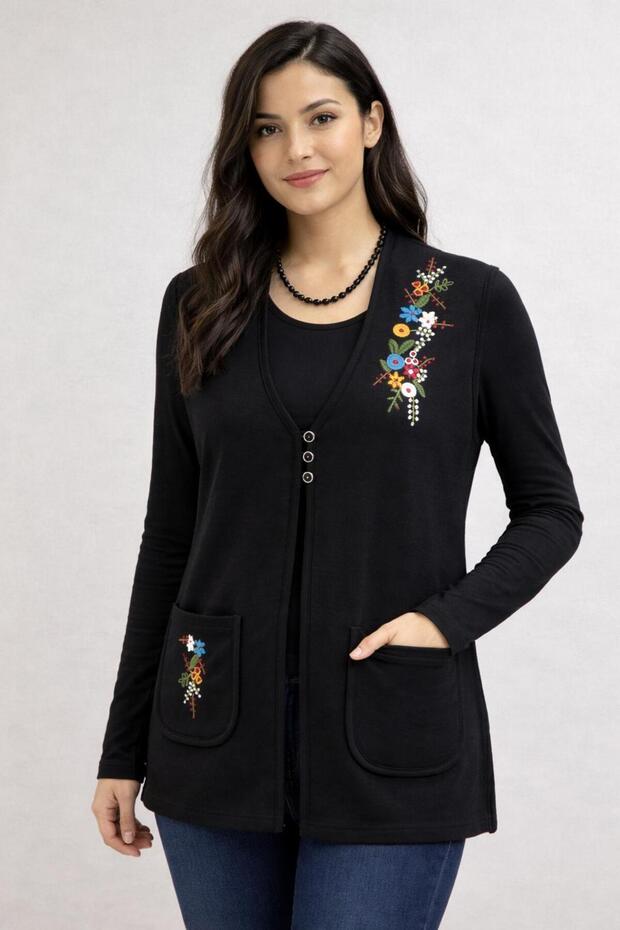 Steel Mesh 3 Button Colorful Floral Embroidered Mother's Vest Black
