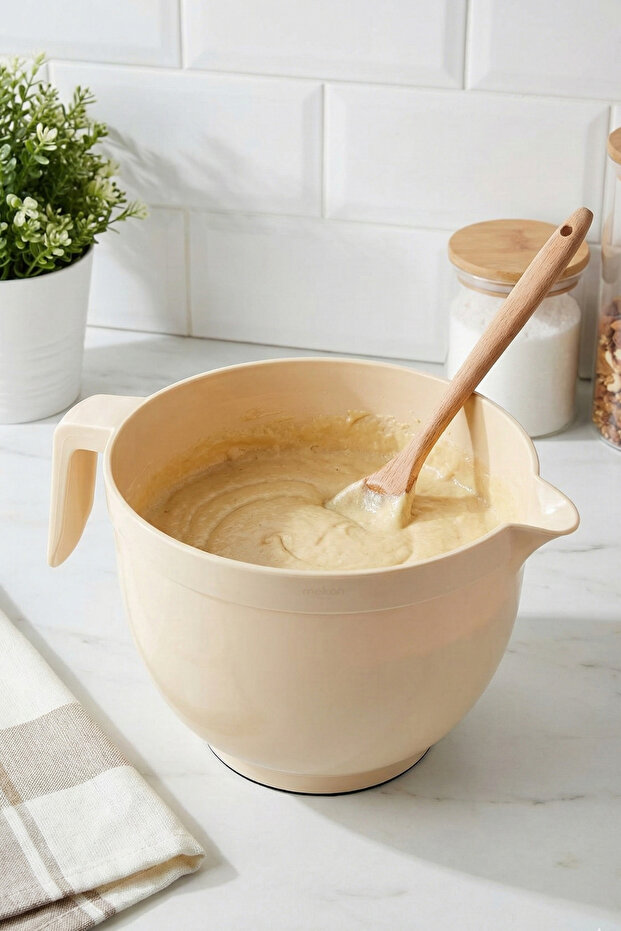 Mixer Bowl with Handle 3 Liters – Cream Color Mixing Bowl & Whisk Bowl with Non-Slip Base