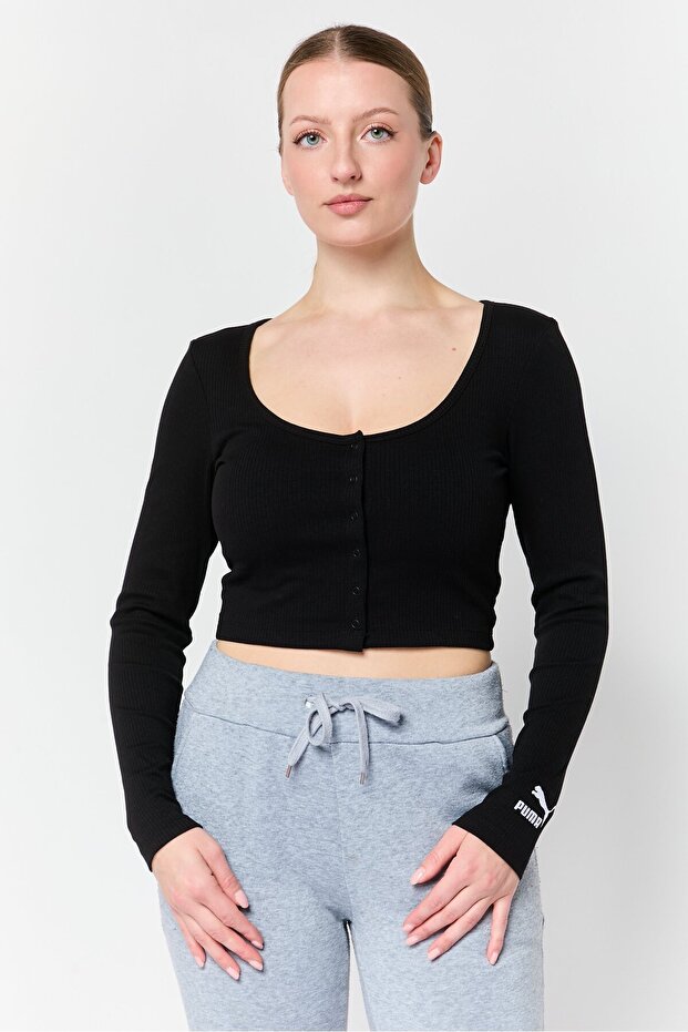 Women Scoop Neckline Long Sleeve Crop Top, Black