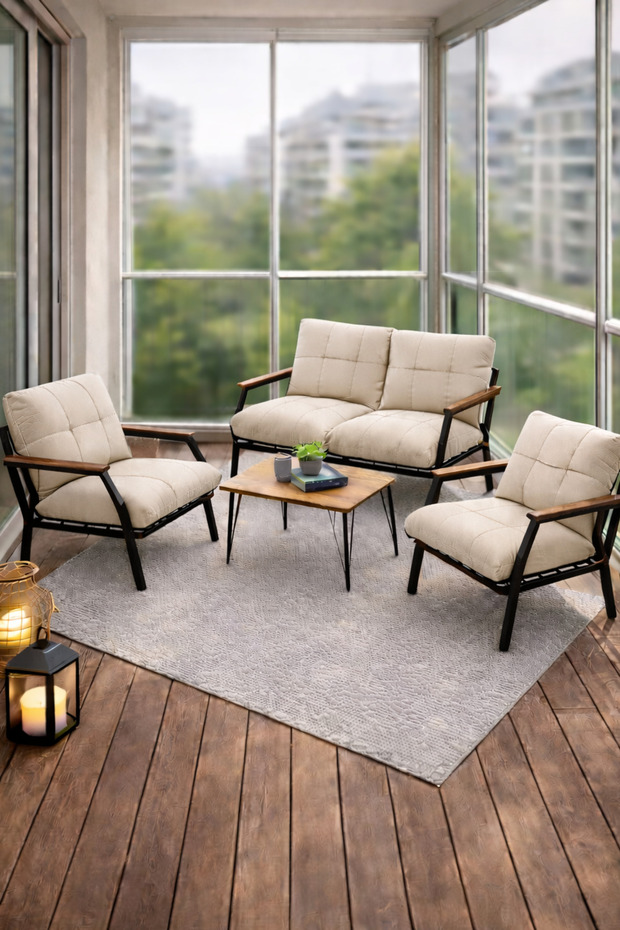 UFUK HOME Linda 2+1+1 Sehpalı Krem Bahçe Balkon Takımı Fermuarlı Minderli Metal Koltuk Takımı