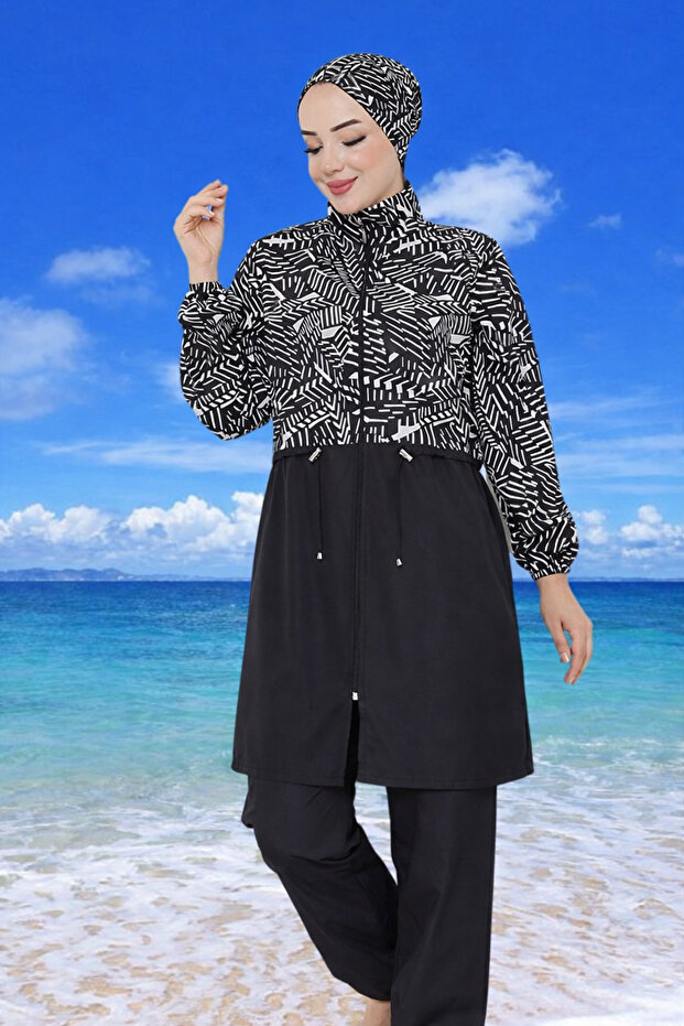 Mixed Patterned Hijab Swimsuit with Elastic Waist and Bonnet Gift