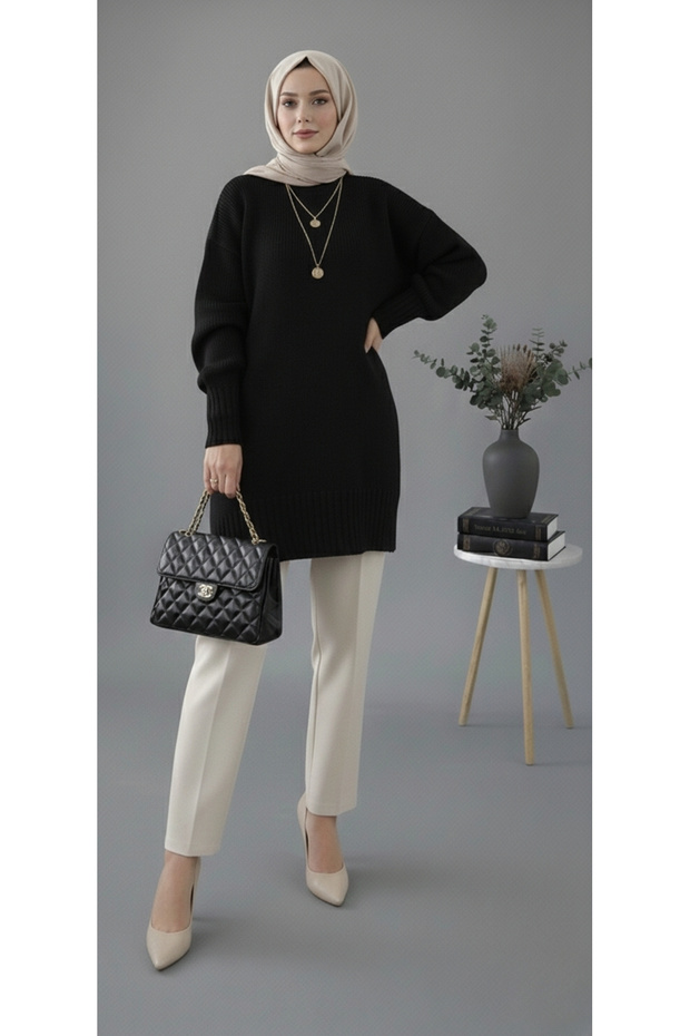 Siyah Bisiklet Yaka Oversize Triko Kazak Tunik - 7