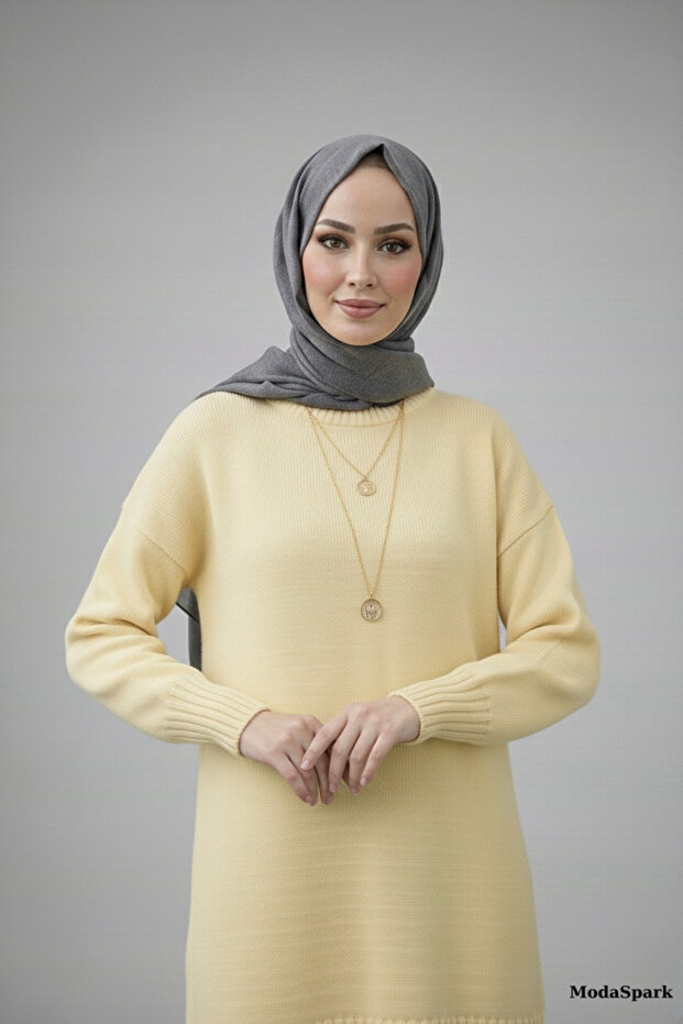 Sarı Bisiklet Yaka Oversize Triko Tunik - 6