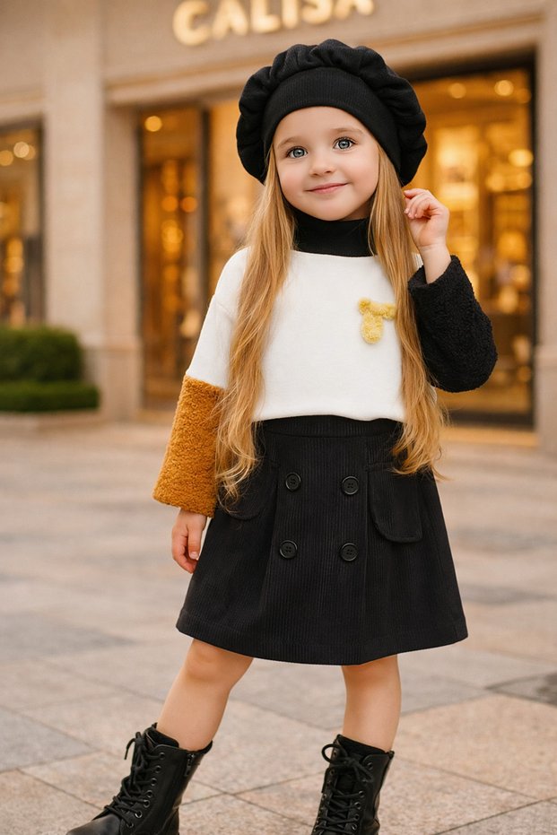 Girl's 3-Piece Combination Set: Plush Detail Sweatshirt + Velvet Skirt + Beret Set for Holidays