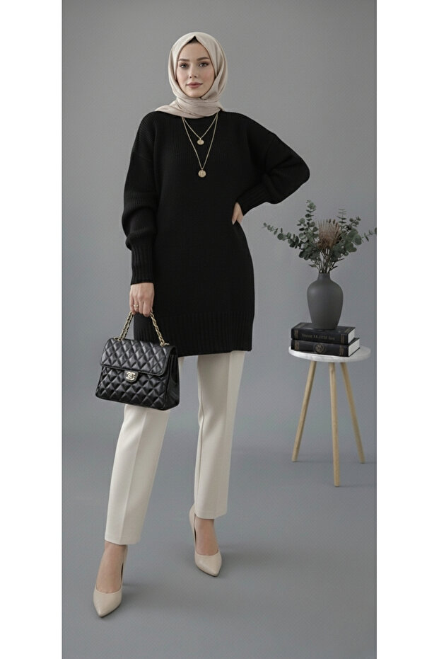 Siyah Bisiklet Yaka Oversize Triko Kazak Tunik - 8