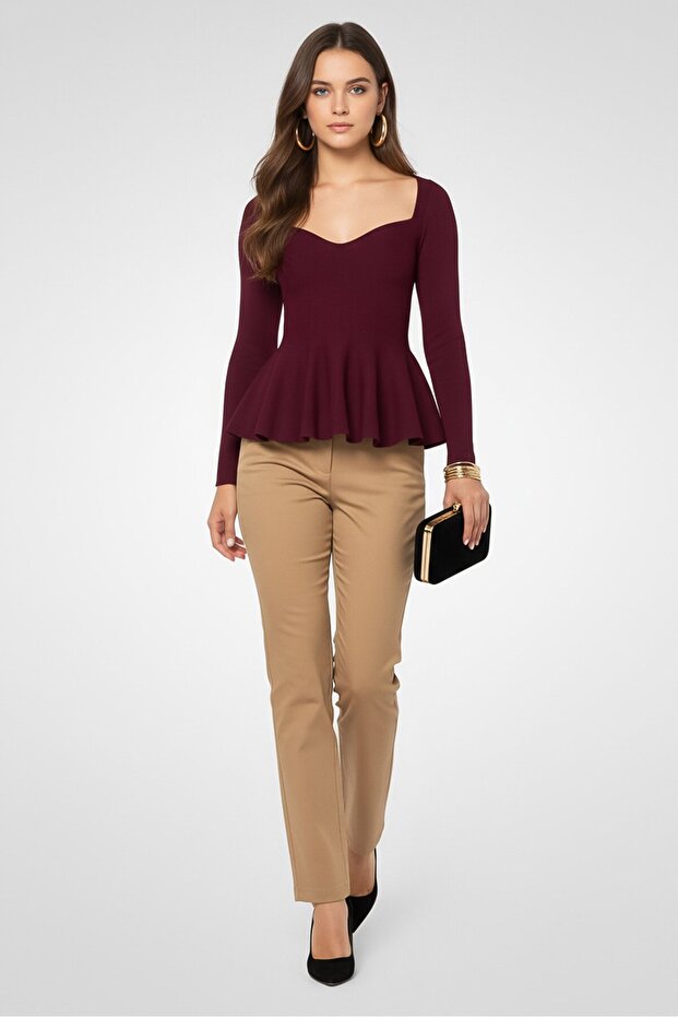 Women Sweetheart Neckline Long Sleeves Plain Top, Maroon