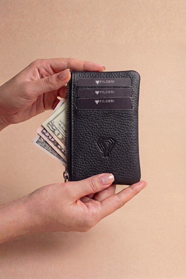 Genuine Leather Zippered Mini Card Holder with Coin Compartment, Black Color 2126