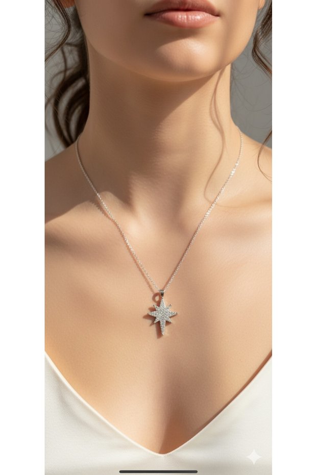 Zircon Stone Polar Star Necklace with Steel Silver Chain