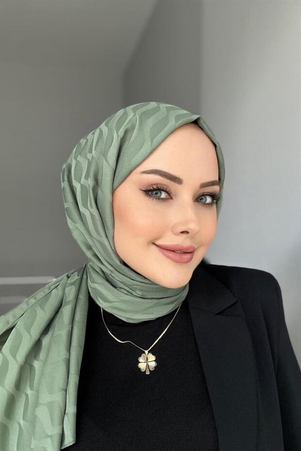 Green Patterned Silky Jacquard Shawl