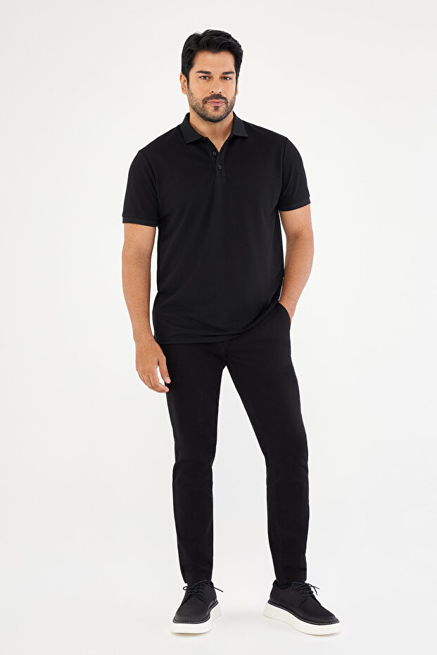 Erkek Siyah Kanvas Diz İzi Yapmayan Slim Fit Dar Kesim Yan Cep Casual Pantolon - 1