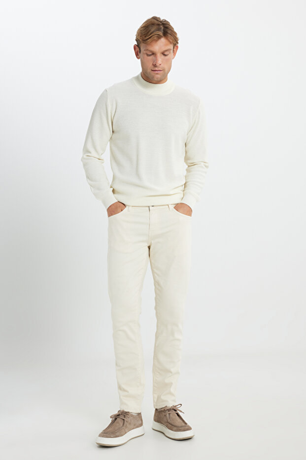 Erkek Ekru Diz İzi Yapmayan 360 Derece Her Yöne Esneyen Rahat Slim Fit Pantolon - 3
