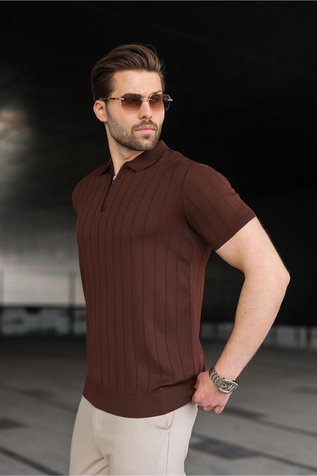Brown Polo-Neck Zip-Up Men's T-shirt E7298