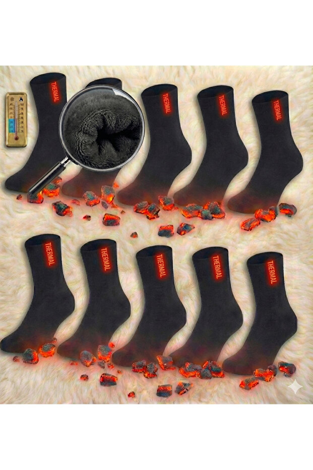 Pack of 10 Thermal Towel Socks - Fleece-Lined Winter Thick Black Socks