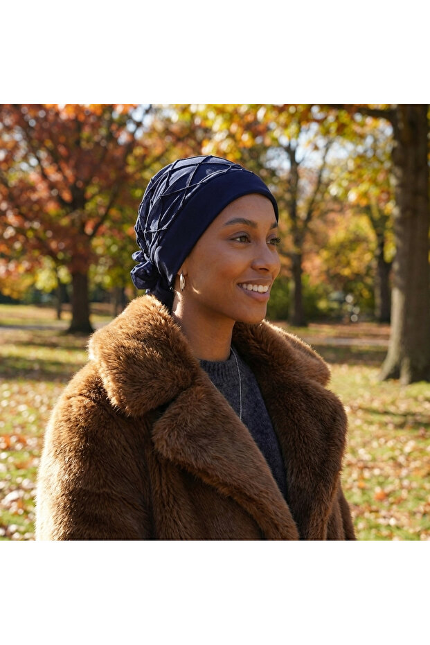 Luxury Ribbed Back Chiffon Accessory Navy Blue Ready-To-Wear Turban Hijab Bonnet Suitable for Medical Use