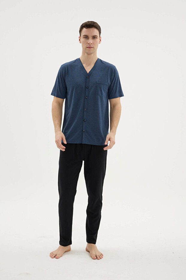 طقم بيجامة رجالي بياقة على شكل V وأزرار طويلة - ملابس خارجية - 5