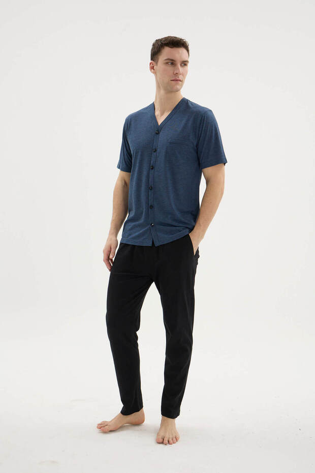 طقم بيجامة رجالي بياقة على شكل V وأزرار طويلة - ملابس خارجية - 8