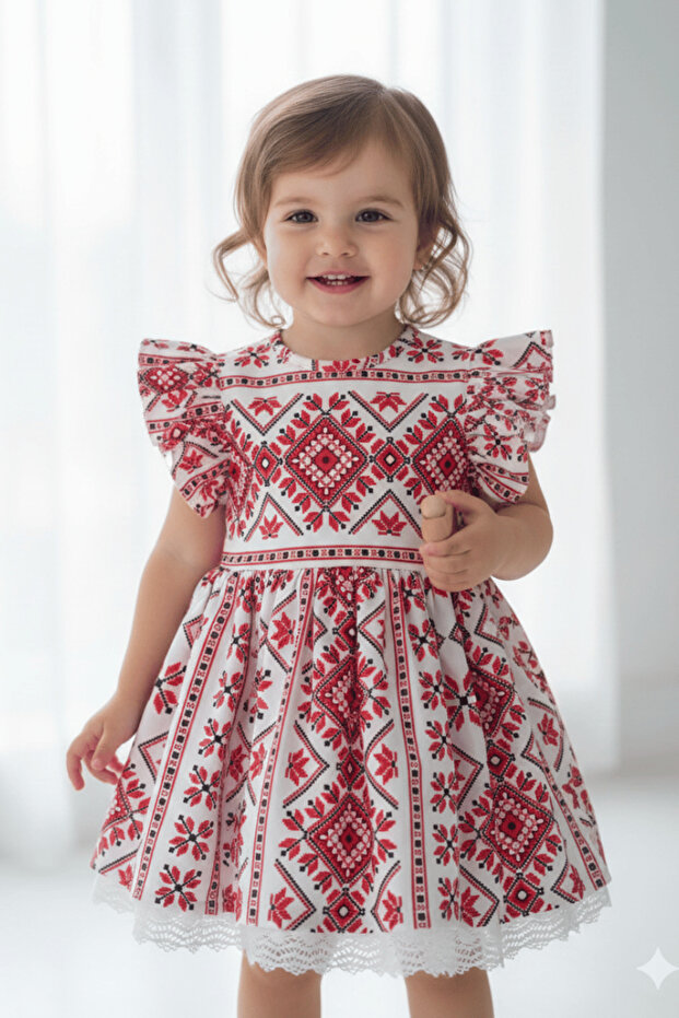 Ruffle Detailed Ethnic Patterned Poplin Red White Girl's Baby Dress