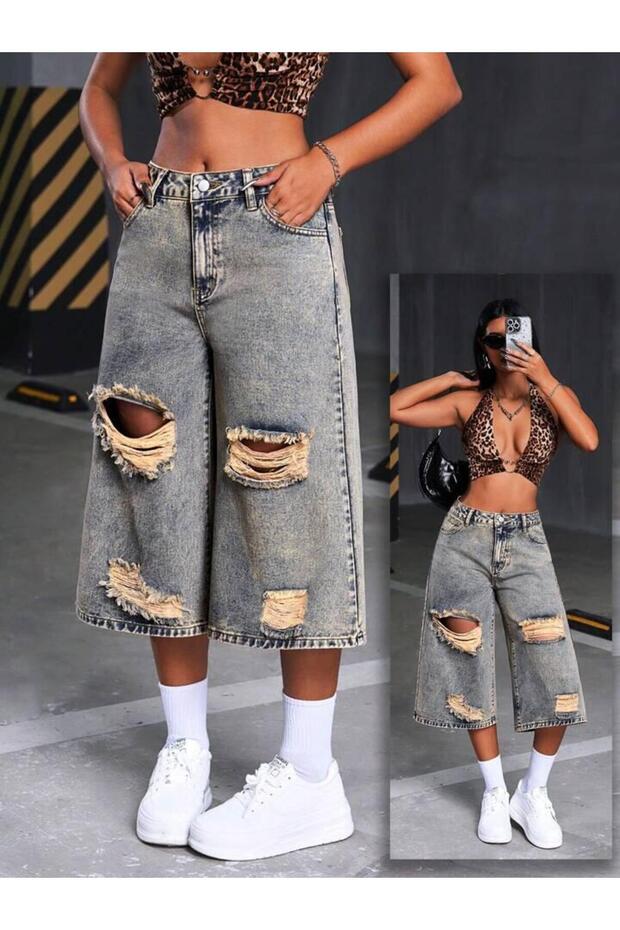 Baggy Denim Bermuda Şort - 1