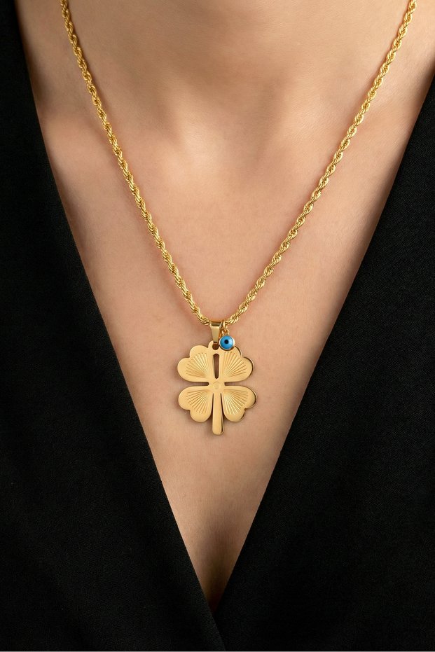 Steel 22K Evil Eye Clover Women's Necklace 60 cm |   Gold Color Non Tarnish Women Jewelry Steel Necklace