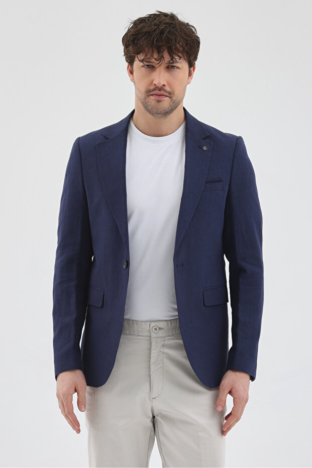 Giove Elbow Men's Navy Blue Cotton Linen Blended Slim Fit Spring-Summer Sports Blazer Jacket