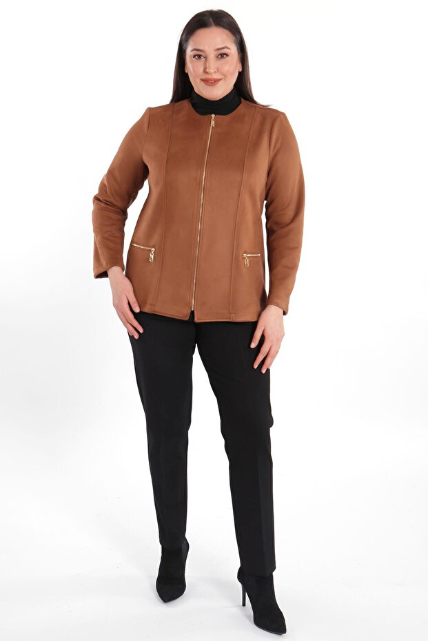 سترة من جلد الغزال البني بسحاب - 5