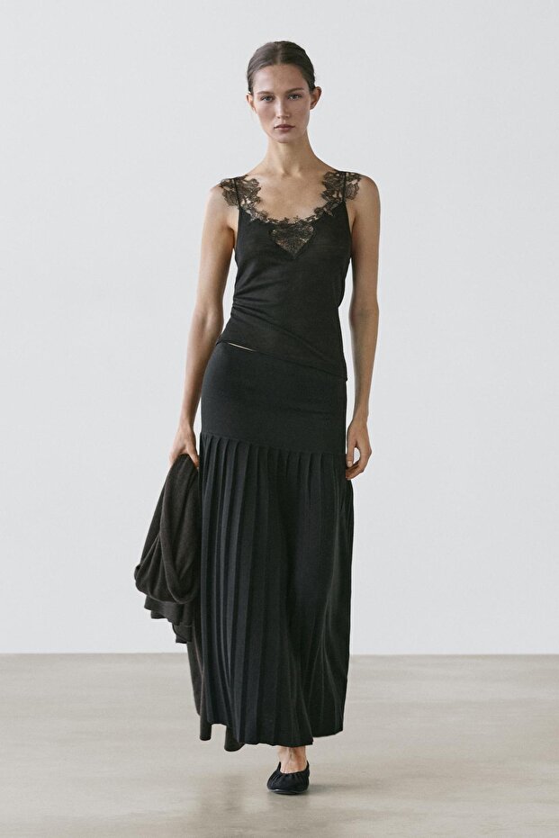 Askılı dantel şeritli triko bluz - 1