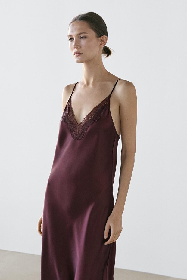 Dökümlü dantelli midi elbise - 3