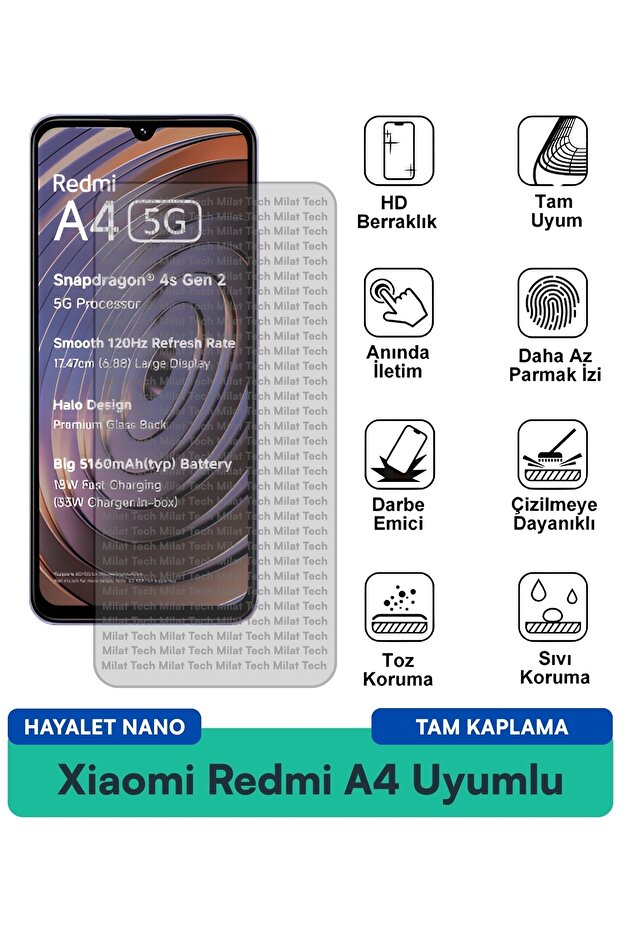 طبقة حماية شاشة Xiaomi Redmi A4 Hayalet Nano بدون فقاعات سهلة التركيب