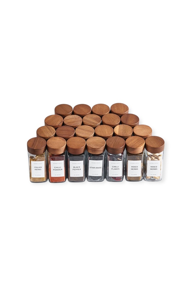 12-Piece Minimal Acacia Lid Glass Spice Jar Set with Sprinkler Head (16 Labels as a Gift)