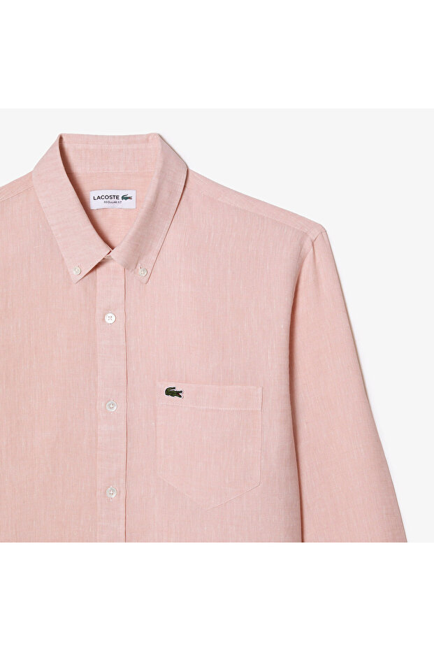 Erkek Regular Fit Düğmeli Yaka Keten Açık Pembe Gömlek - 6