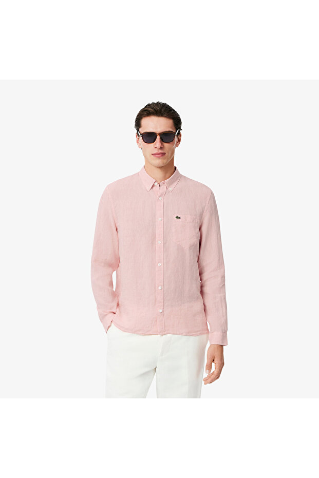 Erkek Regular Fit Düğmeli Yaka Keten Açık Pembe Gömlek - 1
