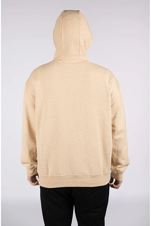 Erkek Kapüşonlu Şardonlu Oversize Basic Sweatshirt Bej - 3