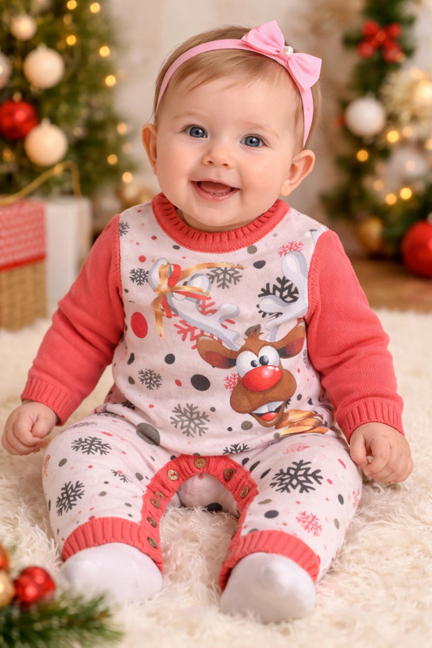 Geyik Baskı Triko Tulum Mercan - 2