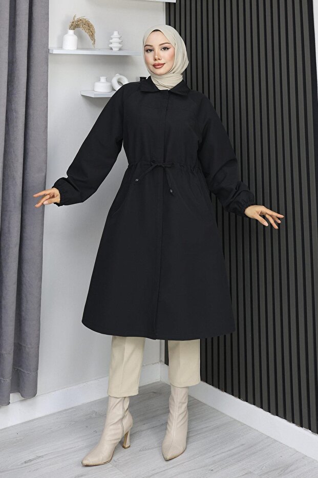 Hidden Placket Trench Coat Black 4430