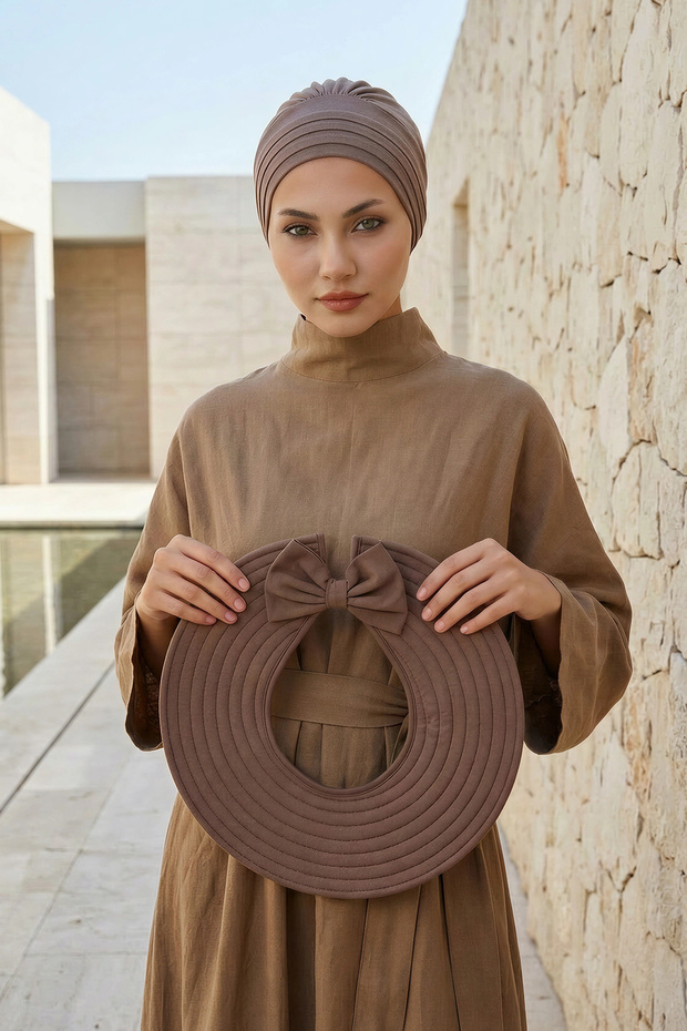 Combed Cotton Bonnet Turban with Detachable Bow on the Back, S-4, Chocolate
