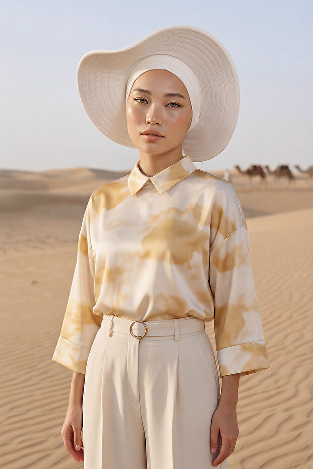 Combed Cotton Bonnet Turban with Detachable Bow on the Back, S-4, Cream