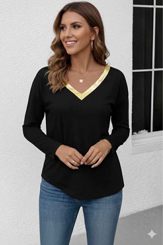 Women's Long Sleeve V Bright Collar Detailed Viscose Blouse
