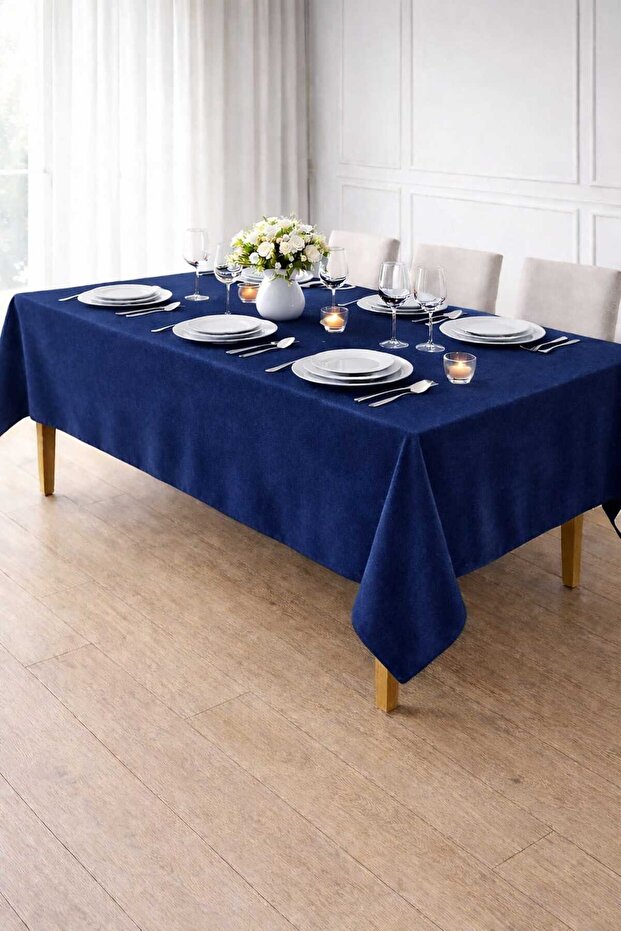 Velvet Textured Parliament Blue Color Tablecloth