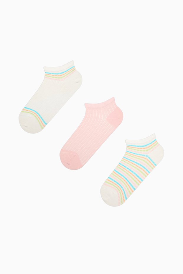 Colored Line Pink White Rib 3-Piece Booties Socks
