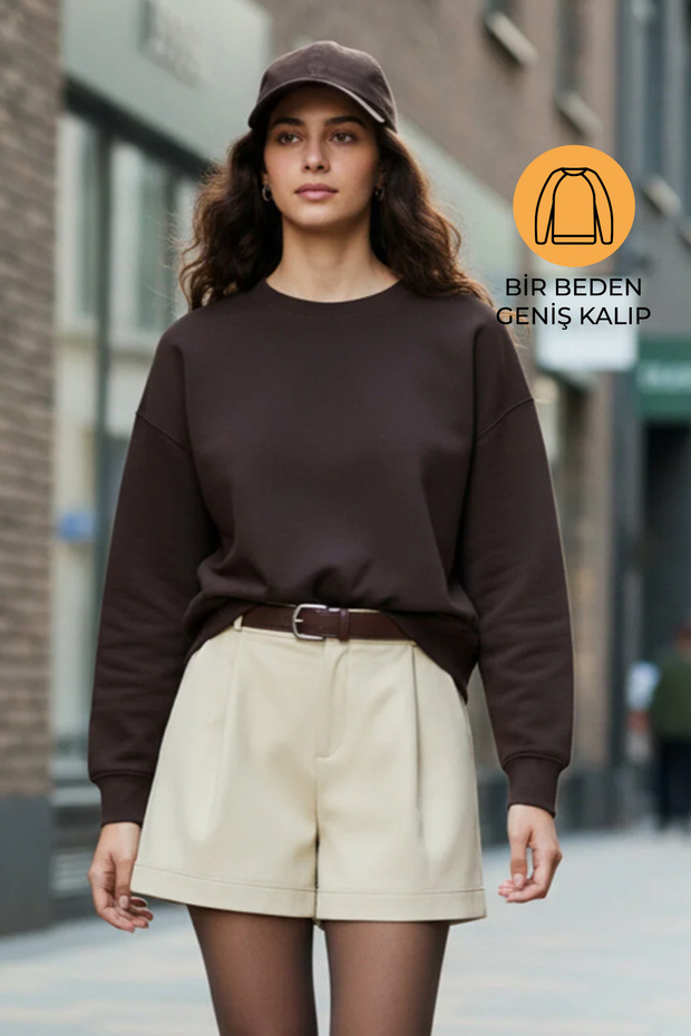 Acı Kahve Şardonlu Basic Oversize Sweatshirt - 1