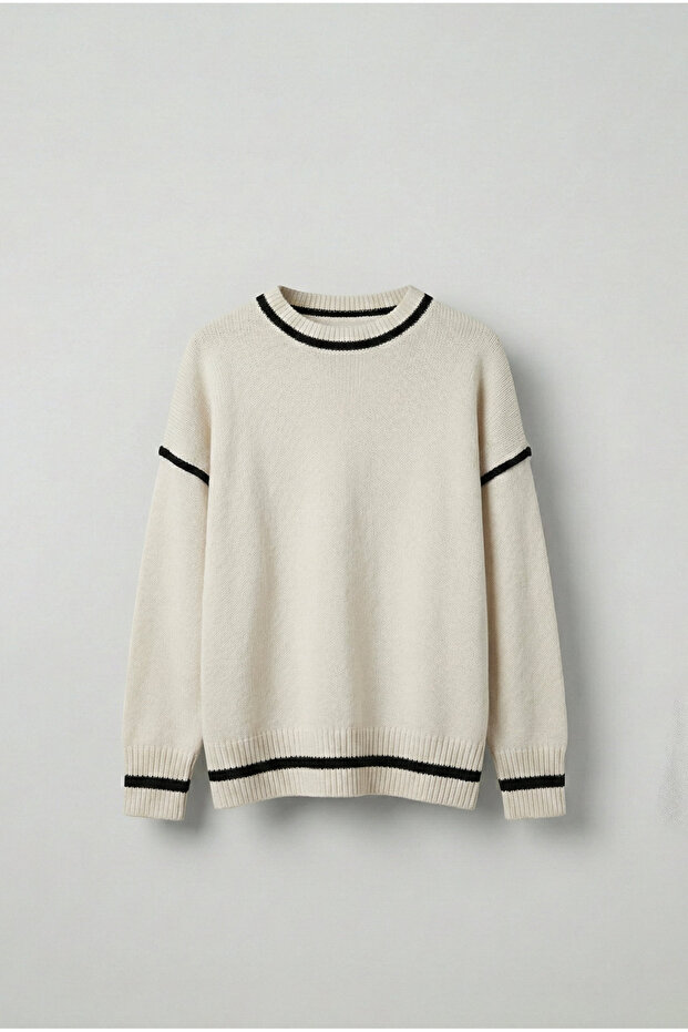 Men's Oversized Round Neck Contrast Detailed Sweater Beige