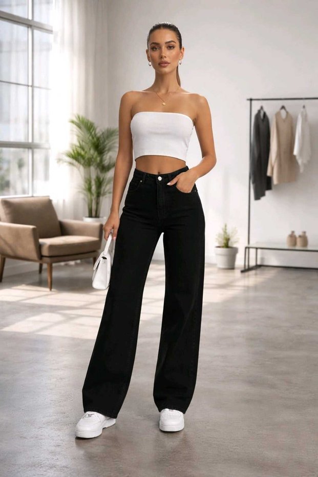 Nvn Flex High Waist Black Denim Trousers Black Loose Jeans Lycra Stretch Palazzo New Season