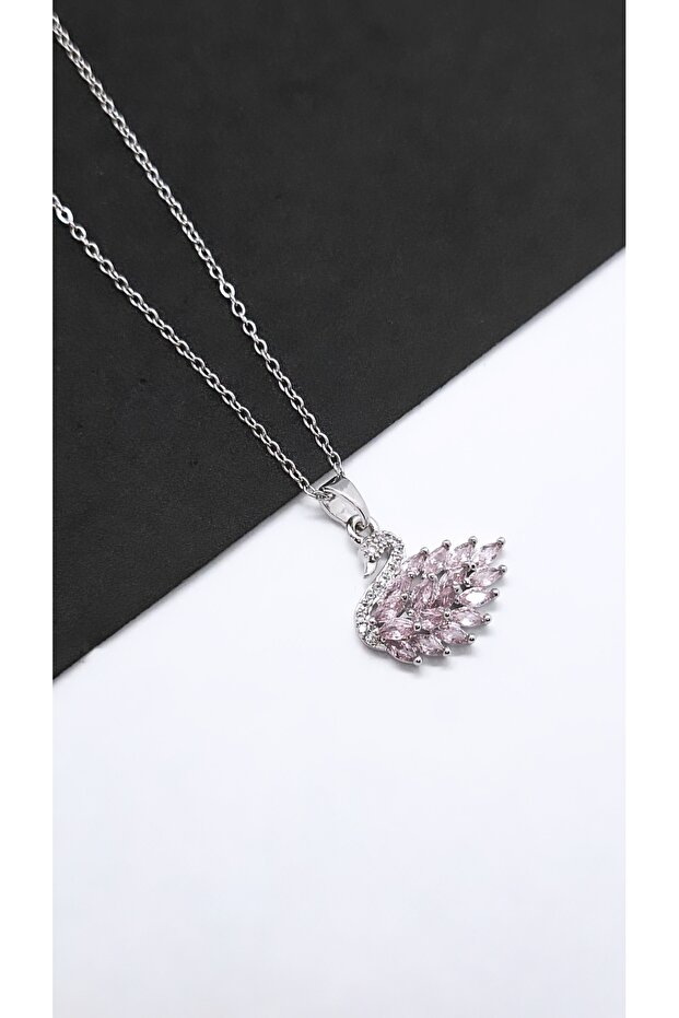 Pink Stone Steel Necklace with Swan Figure