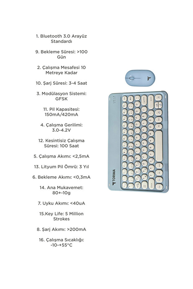 TMK-08 Mavi Kablosuz Bluetooth Klavye Mouse Seti - 6