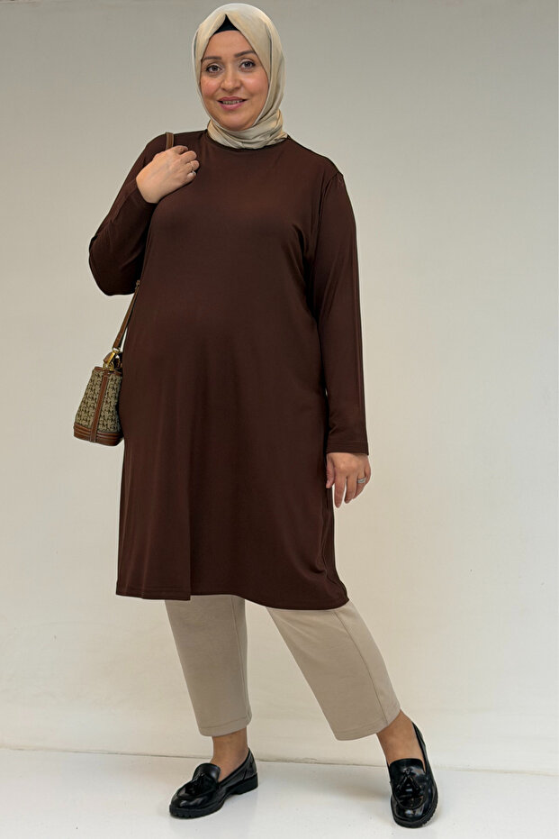 38501 Large Size Basic Combed Cotton Tunic - Brown - 2