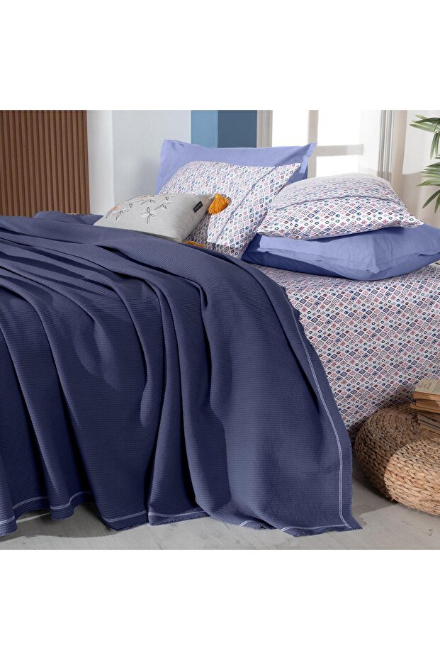 مجموعة بيكيه Abel Navy Blue مفردة 100% قطن