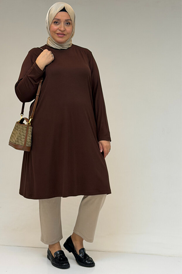 38501 Large Size Basic Combed Cotton Tunic - Brown - 1