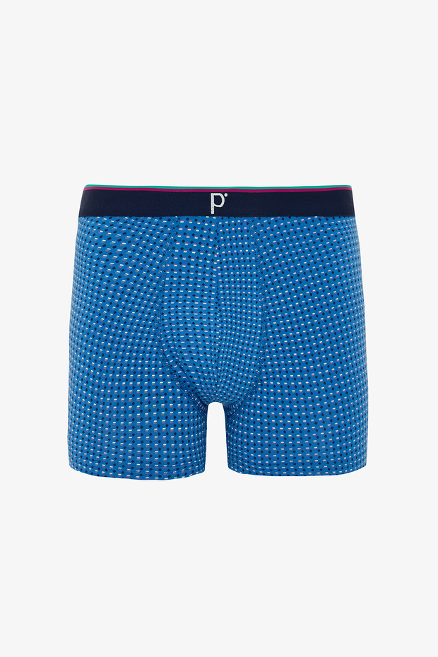 Mavi Ekoseli Erkek Organik Logolu 3'lü Boxer - 4